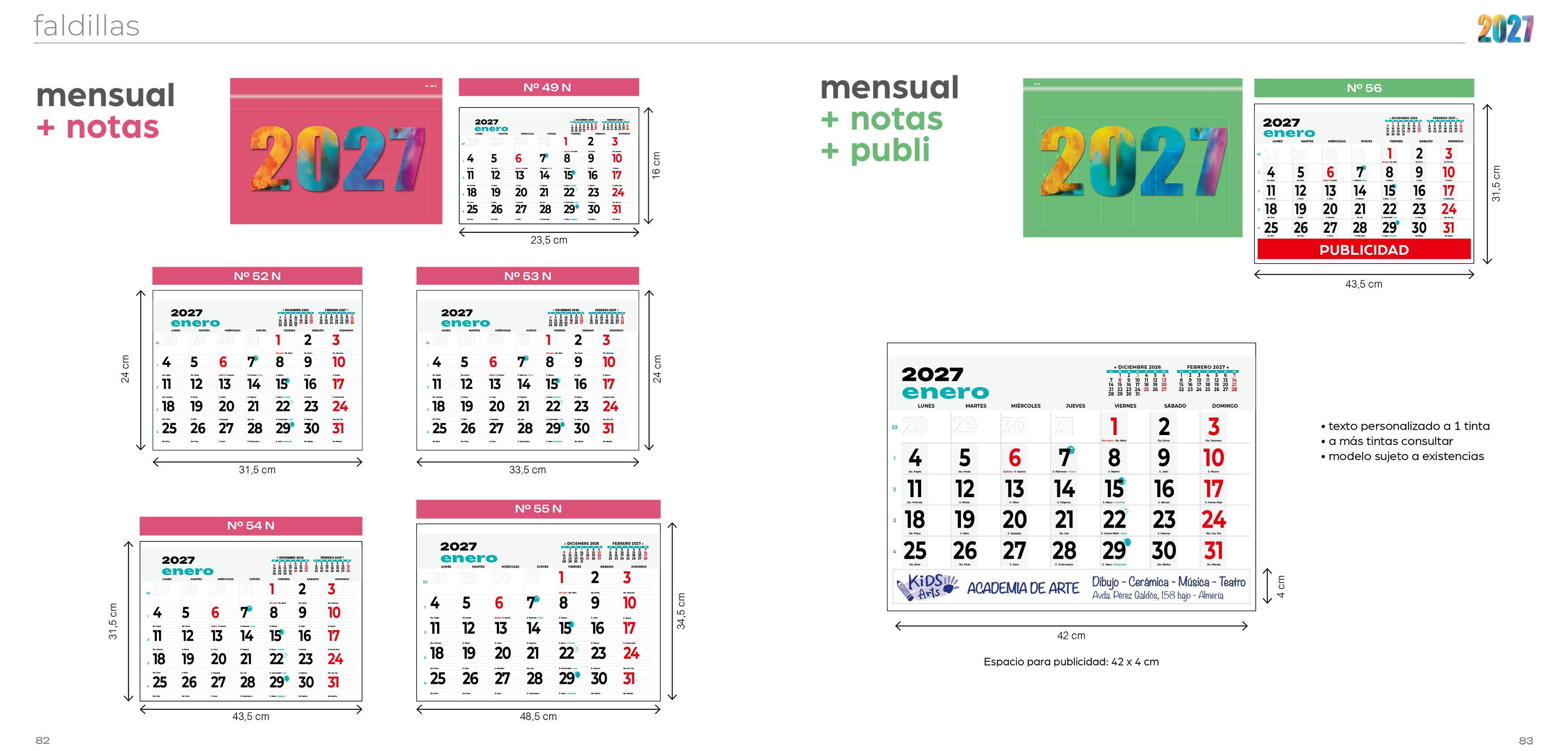 Calendarios de faldilla medidas