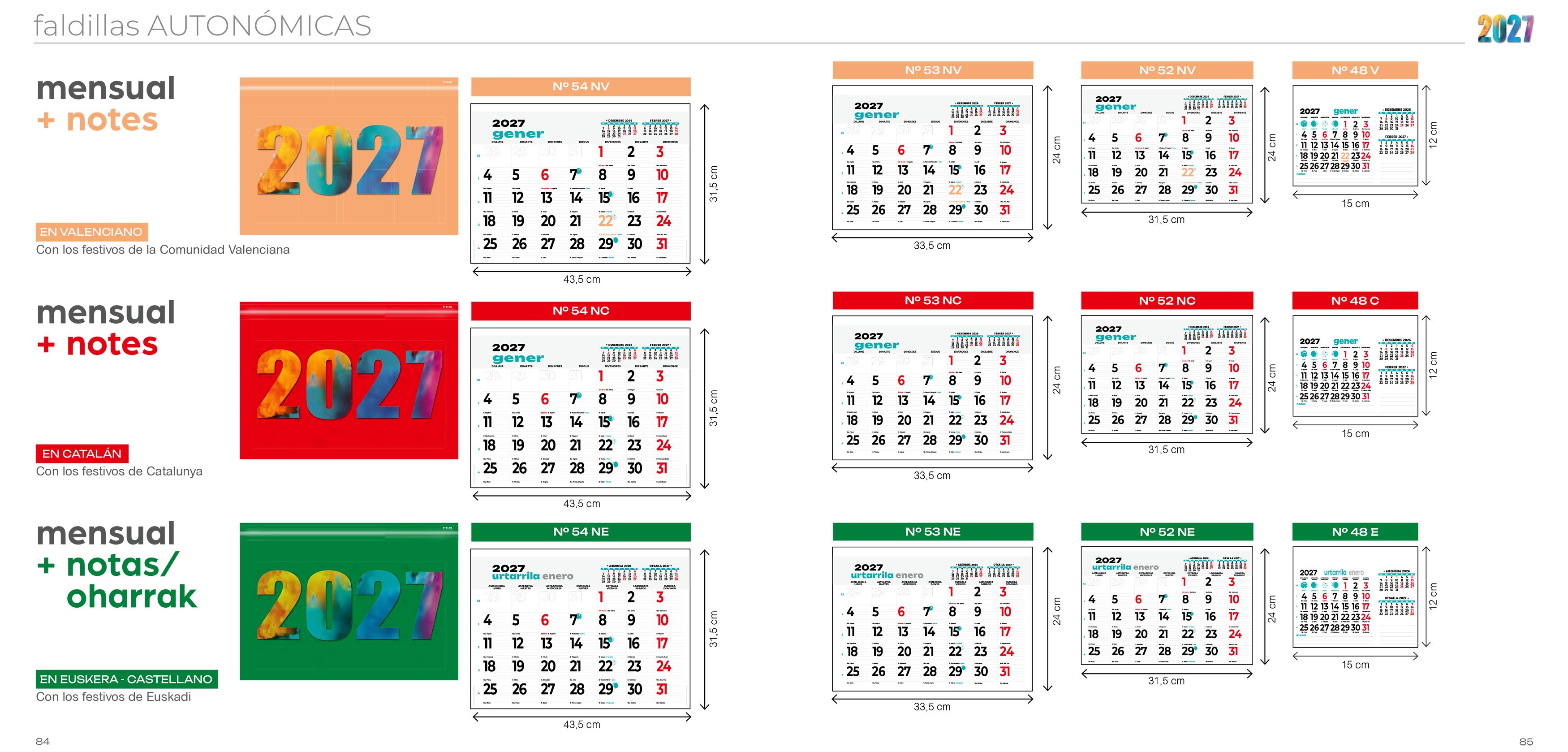 Calendarios de faldilla medidas
